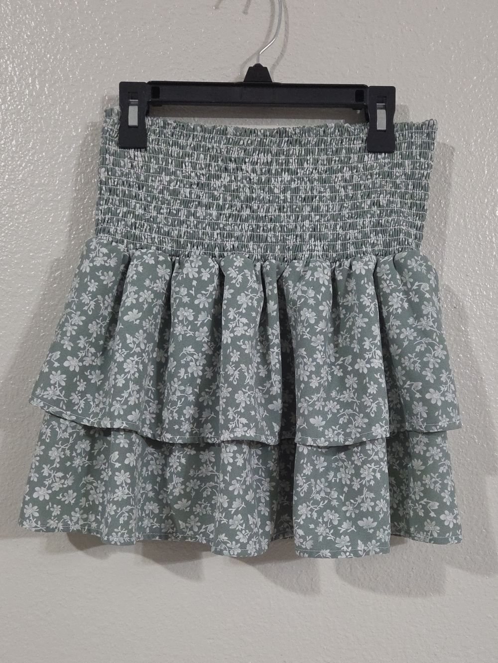 Pink Lily Sage Green Floral Smocked Tiered Mini Skirt